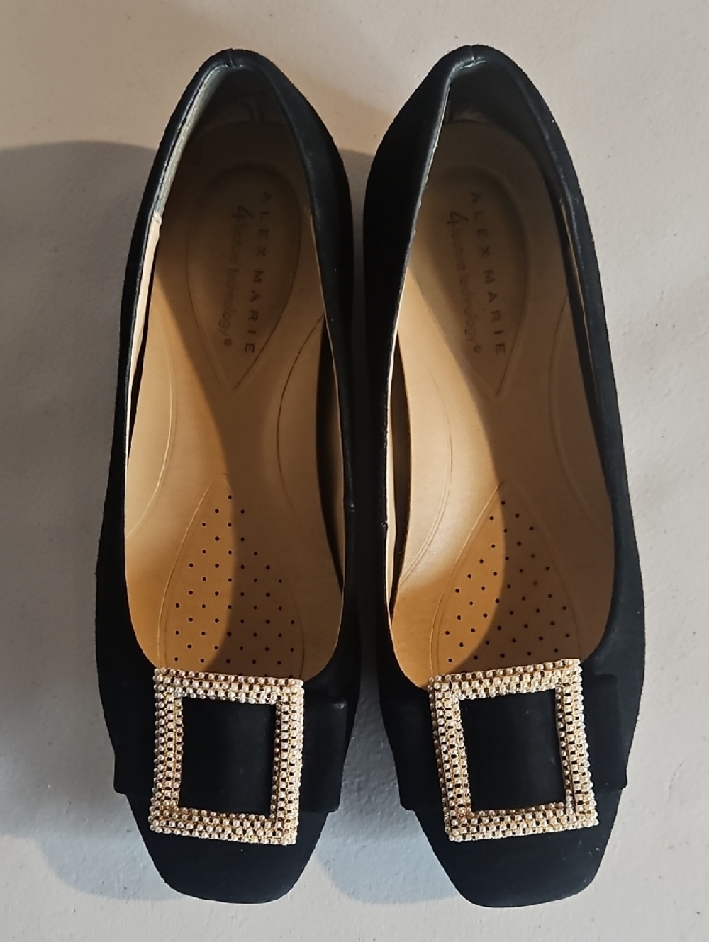 Alex Marie Black Suede Flats with Gold Crystal Square Buckles